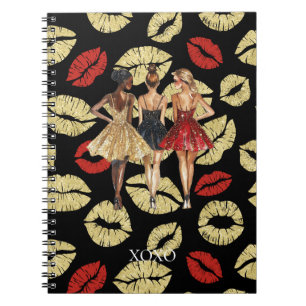 Girls in Glam Gold Black Red Dresses Lips Kiss Notebook