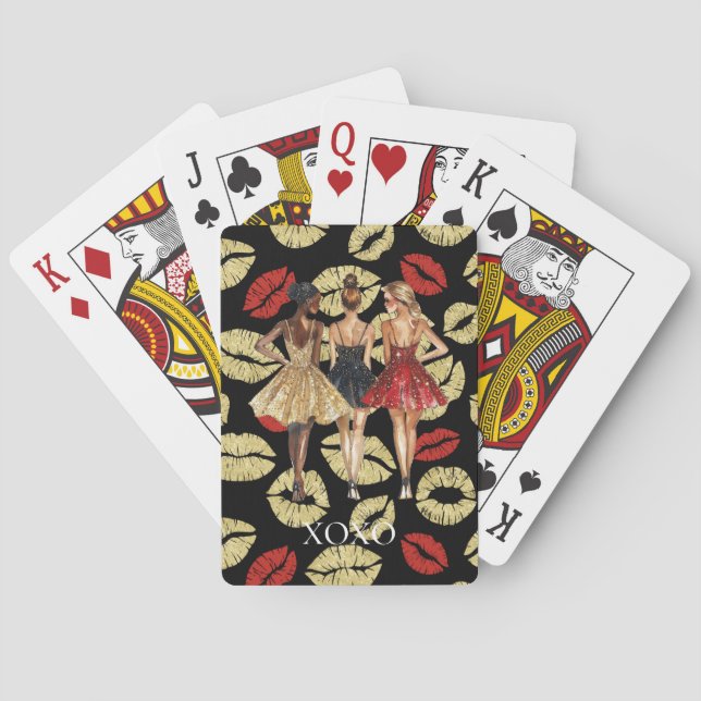 Girls in Glam Gold Black Red Dresses Lips Kiss Playing Cards (Back)