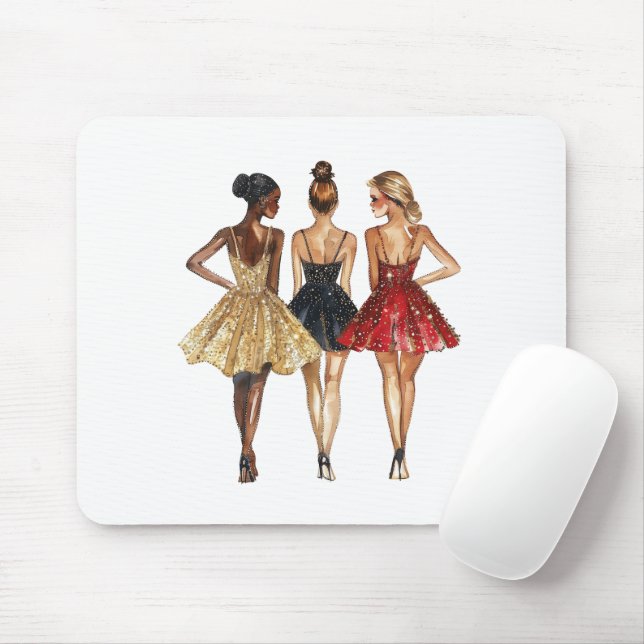 Girls in Glam Gold Black Red Dresses Mouse Mat (With Mouse)