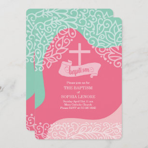 Girls in Pink and Sea Green with Cross Baptism Invitation