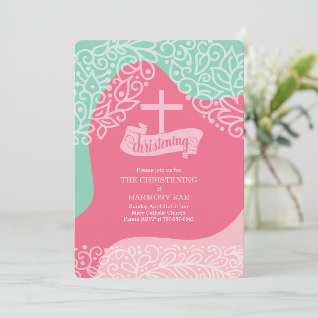 Girls in Pink and Sea Green with Cross Christening Invitation (Standing Front)