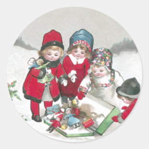 Girls in Red Coats with Dolls Classic Round Sticker