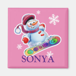 Girl's initial Snowboarding snowman fridge magnet