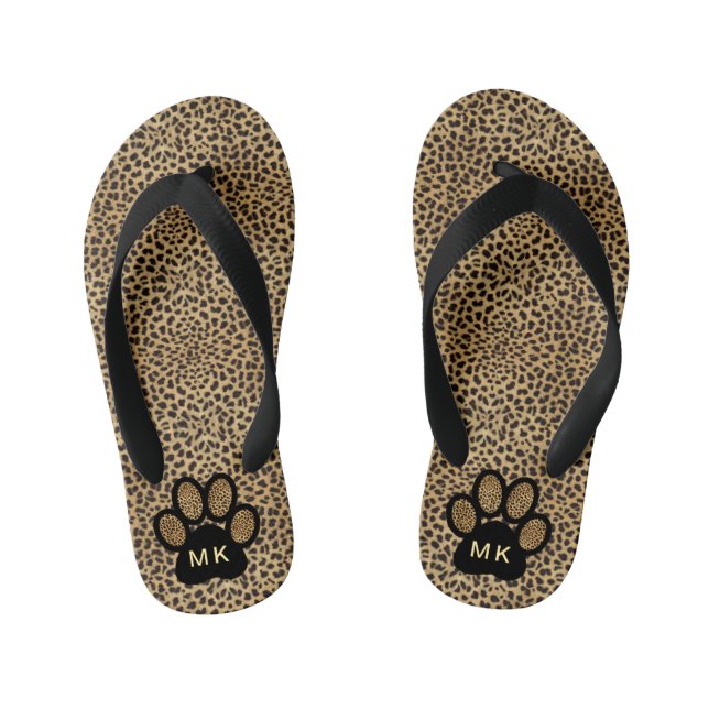 Girls Initials on Cheetah Animal Print Cat Paw Kid's Flip Flops (Footbed)