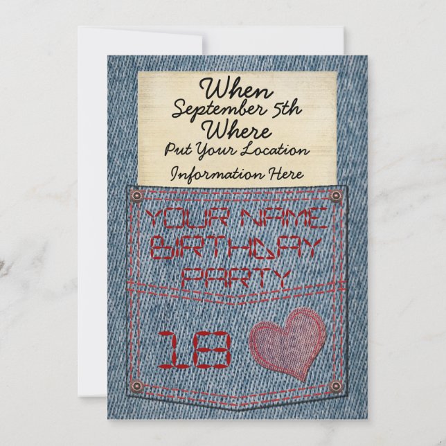 Girls Jeans Pocket Birthday Party Invitations (Back)