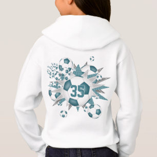 Girls jersey number fun teal soccer balls stars