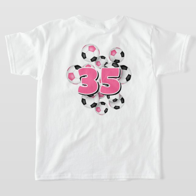 girls jersey number group of soccer balls pink T-Shirt (Laydown Back)