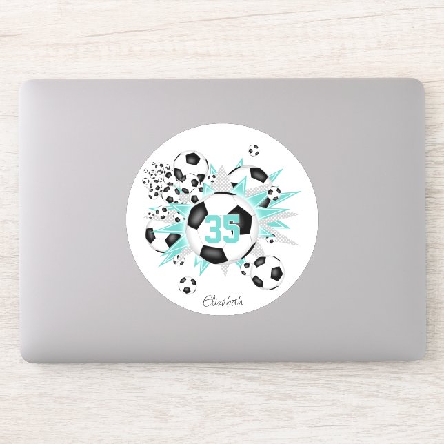 girls jersey number soccer balls stars light teal (Computer)