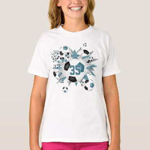 girls jersey number teal black soccer balls stars T-Shirt