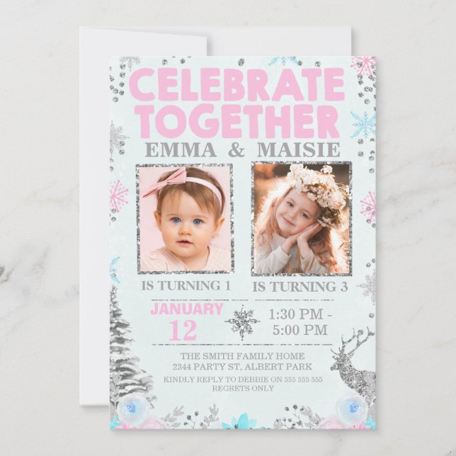 Girls Joint or Twins Winter Themed Birthday Invitation (Front)