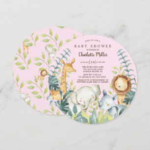 Girls Jungle Animals Baby Shower Invitation