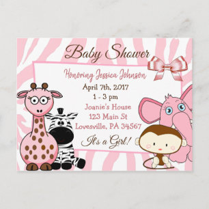 Girl's Jungle or Zoo Animals Themed Baby Shower Invitation Postcard