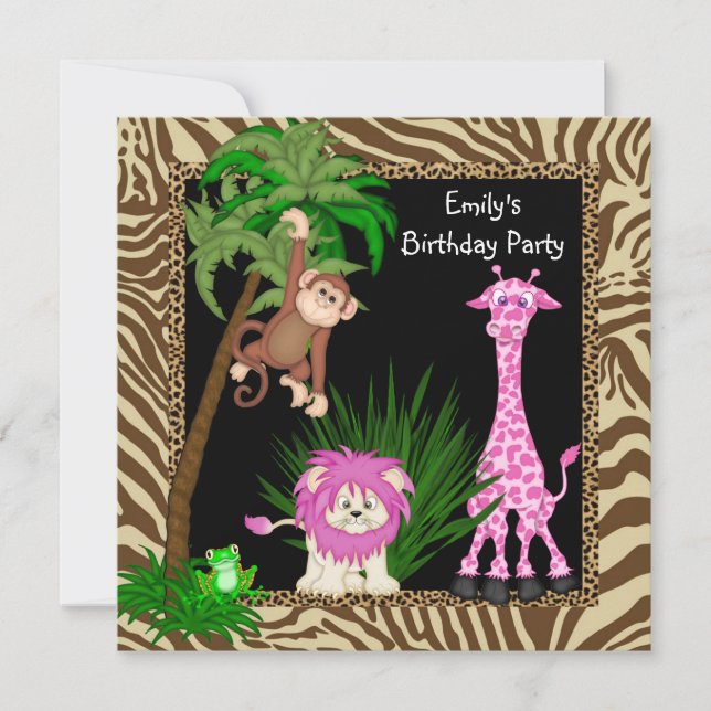 Girls Jungle Safari Birthday Party Invitations (Front)