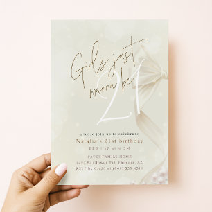 Girls Just Wanna Be 21   Bow Coquette Birthday Invitation