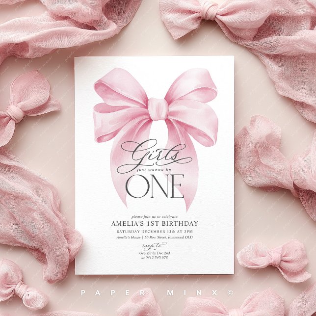 Girls just wanna be ONE 1st Birthday Pink Bow  Invitation (Pink Bow Invite | Girls 1st birthday party)