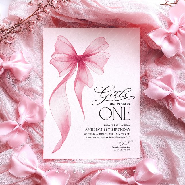 Girls just wanna be ONE 1st Birthday Pink Bow  Invitation (Girl's just wanna be one! Pink Bow 1st birthday party invite)