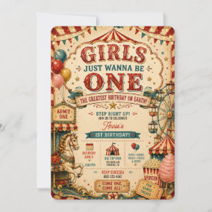 Girls Just Wanna Be One 1st Birthday Vintage Fair Invitation