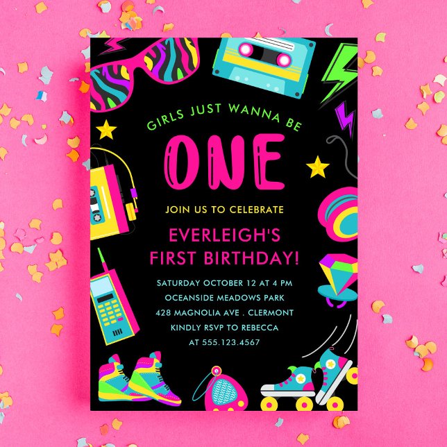Girls Just Wanna Be One 80s First Birthday Party Invitation (Creator Uploaded)