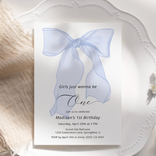 Girls Just Wanna Be One Blue Bow 1st Birthday  Invitation (Creator Uploaded)