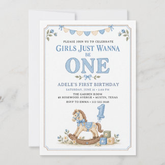 Girls Just Wanna Be One Blue Rocking Horse 1stBday Invitation