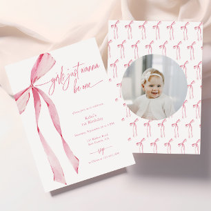 Girls Just Wanna Be One Bow Photo 1st Birthday Invitation