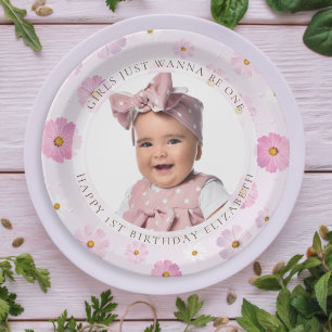 Girls Just Wanna Be One Girl 1st Birthday Photo Paper Plate