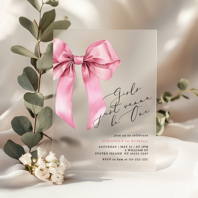 Girls just wanna be One Pink Bow 1st Birthday Acrylic Invitations (Creator Uploaded)