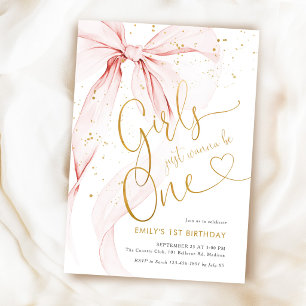 Girls Just Wanna Be One Pink Bow 1st Birthday Invitation