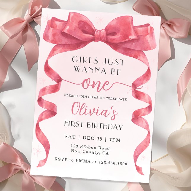 Girls Just Wanna Be One Pink Bow 1st Birthday Invitation (Creator Uploaded)