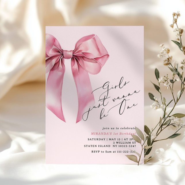 Girls just wanna be One Pink Bow 1st birthday Invitation (Creator Uploaded)