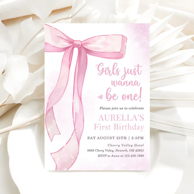 Girls Just Wanna Be One Pink Bow 1st Birthday Invitation (Creator Uploaded)