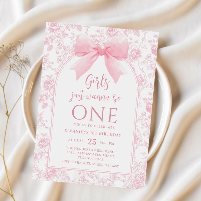 Girls Just Wanna Be One Pink Bow 1st Birthday Invitation (Creator Uploaded)