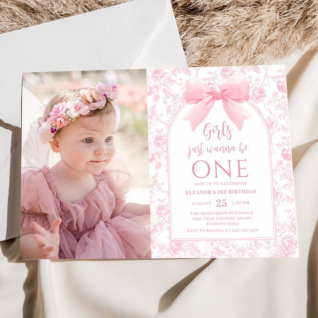 Girls Just Wanna Be One Pink Bow 1st Birthday Invitation (Creator Uploaded)