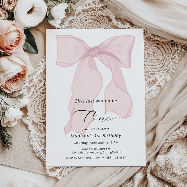 Girls Just Wanna Be One Pink Bow 1st Birthday  Invitation (Creator Uploaded)