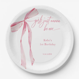 Girls Just Wanna Be One Pink Bow 1st Birthday Paper Plate