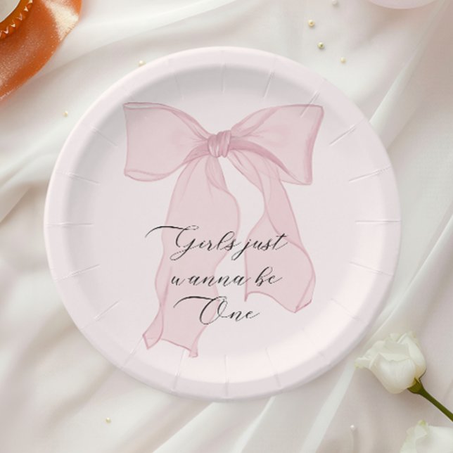 Girls Just Wanna Be One Pink Bow 1st Birthday  Paper Plate (Creator Uploaded)