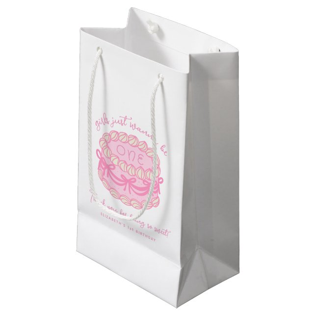 Girls Just Wanna Be One Pink Bow 1st Birthday Small Gift Bag (Front Angled)