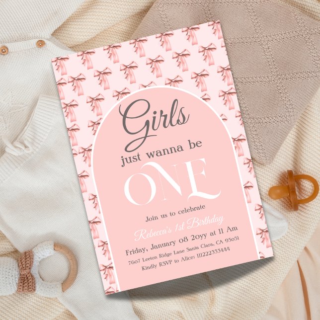 Girls Just Wanna be ONE Pink Bow First Birthday Invitation (Creator Uploaded)