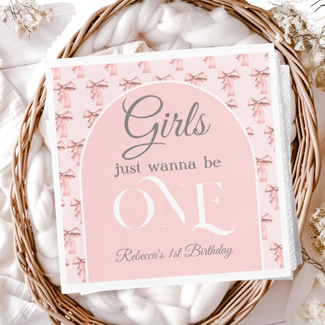 Girls Just Wanna be ONE Pink Bow First Birthday Napkin (Creator Uploaded)