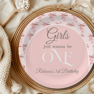 Girls Just Wanna be ONE Pink Bow First Birthday Paper Plate