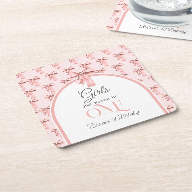 Girls Just Wanna be ONE Pink Bow First Birthday Square Paper Coaster (Angled)