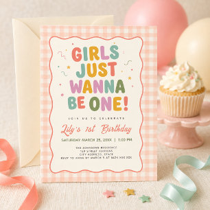 Girls Just Wanna Be One Pink Gingham 1st Birthday Invitation