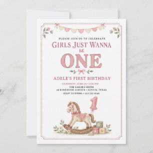 Girls Just Wanna Be One Rocking Horse Birthday Invitation