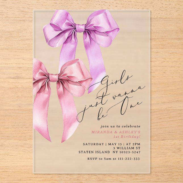 Girls just wanna be One Twin Girls 1st Birthday Acrylic Invitations (Front)