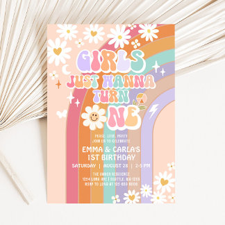 Girls Just Wanna Turn One Twin Groovy 1st Birthday Invitation