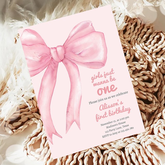 Girls Just Wanne Be One Pink Bow Coquette Birthday Invitation (Creator Uploaded)