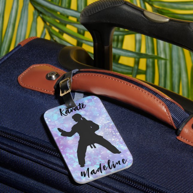 Girls Karate Blue Purple Personalised    Luggage Tag (Front Insitu 1)