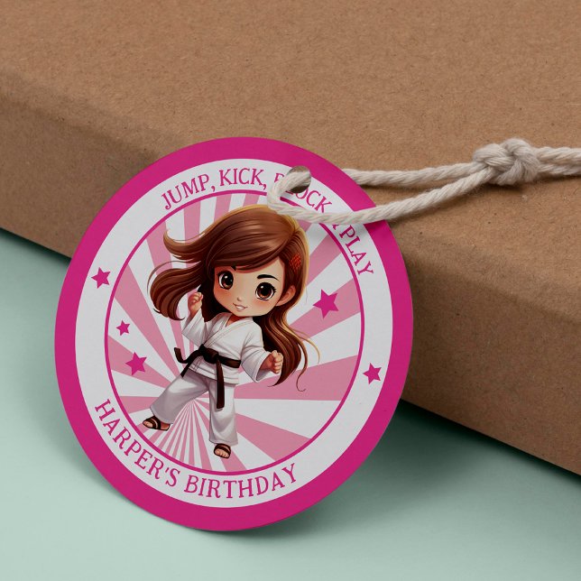 Girl's Karate Martial Arts Birthday Party Classic Round Sticker (Celebrate with kicks and birthday tricks! Kick up the fun with our girl Karate party supplies!)