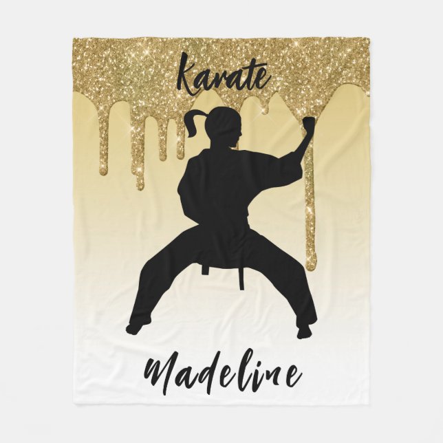 Girls Karate Stance Gold Glitter Drip Ombre  Fleece Blanket (Front)