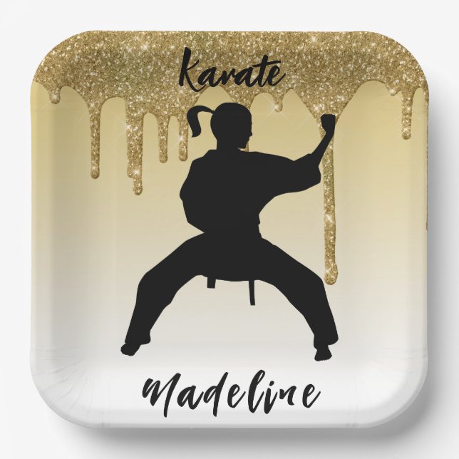 Girls Karate Stance Gold Glitter Drip Ombre    Paper Plate (Front)